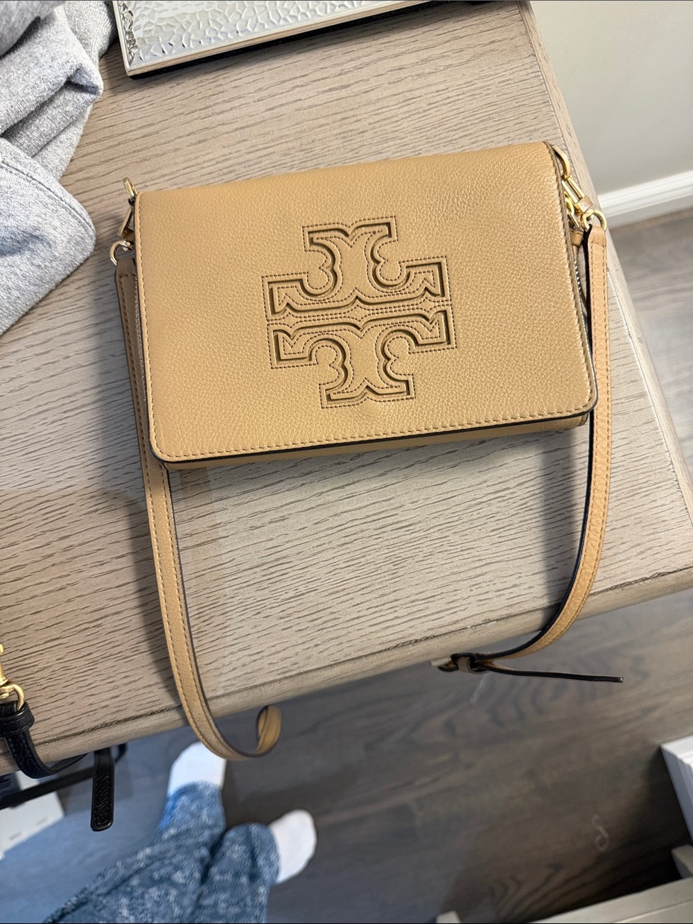 Tory Burch Beige/Tan Leather Crossbody with Debossed Logo
